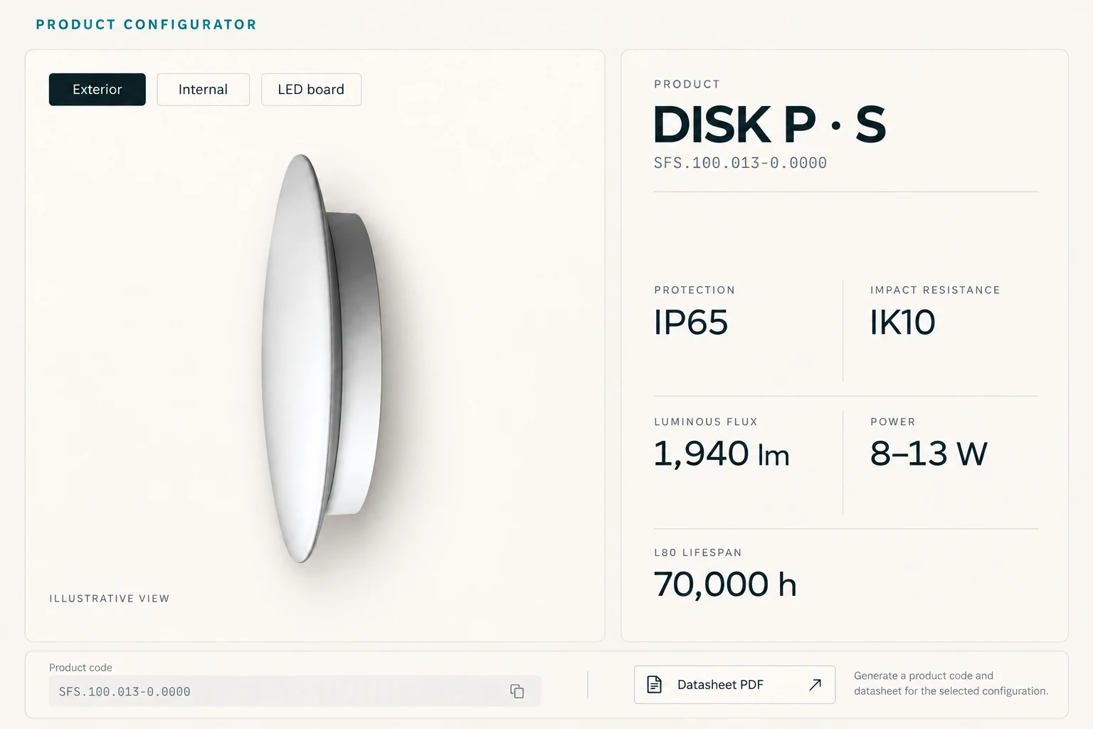 Restyled configurator mockup showing the DISK P luminaire, its technical specifications and generated product code.